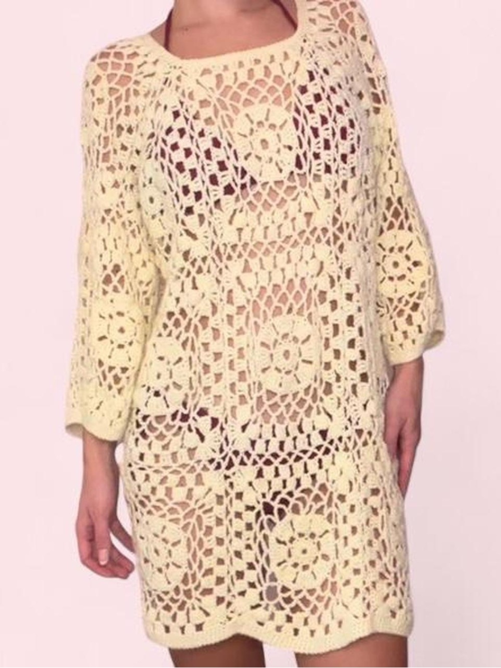 Handmade pale yellow crochet mini dress